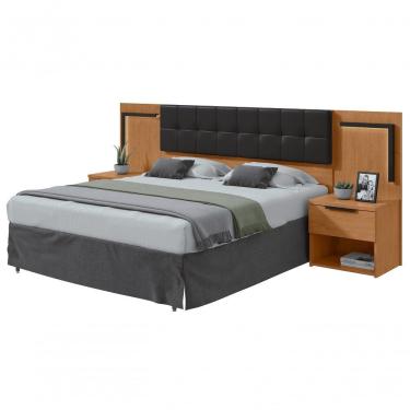 Imagem de Cabeceira Casal 160cm 2 Mesas De Cabeceira Com Led Calitan Amendoa Clean Preto Fosco