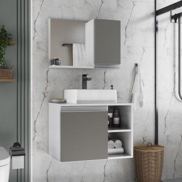 Imagem de Conjunto Gabinete Banheiro Virtus 60cm - Gabinete + Cuba + Espelheira Branco Cinza