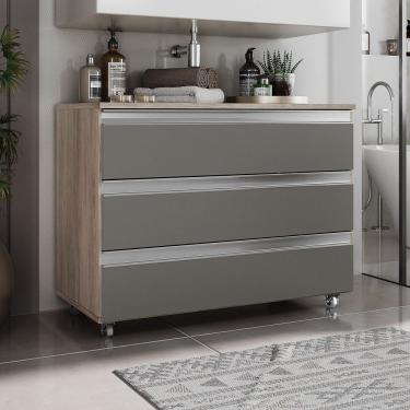 Imagem de Gabinete Banheiro Rodinhas Joia 80cm 03 Gavetas Madeirado Cinza