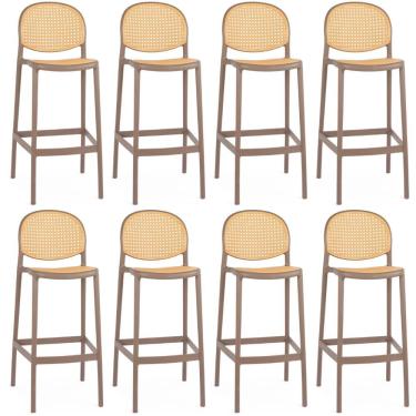 Imagem de Kit 8 Banqueta Alta Com Encosto Roma Em Polipropileno - Marrom Claro