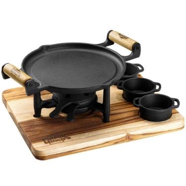 Imagem de Conjunto Fogareiro Fogo Forte 22,5cm E Suporte De Madeira 35x28cm Com 3 Molheiras Panela Mineira