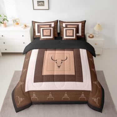 Imagem de Feelyou Conjunto de edredom King com decoração ocidental, cama de caveira de vaca, sudoeste, indígena asteca, caubói, decoração de quarto, marrom e bege
