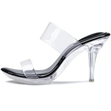 Imagem de NBUUNBU Sapatos Transparentes Femininos, Prateados, Pretos, Plataforma Pequena, Sexy, Sandálias Altas, Stiletto Gatinho, Bico Aberto, Sociais Confortáveis, Tira Dupla Transparente, Mule