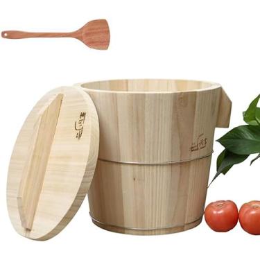 Imagem de Balde De Madeira De Arroz A Vapor Com Ti-scald Hdle, Balde De Colher De Tampa Plana, Barril De Arroz Cozido No Vapor Restaurt Steamer Rice Cask Para Cozinhar Asi