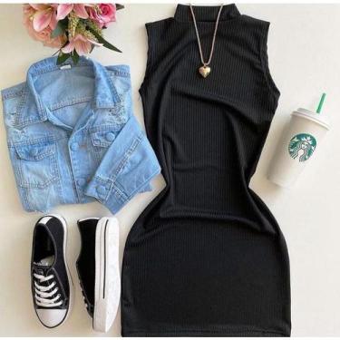 Imagem de Vestido feminino curto gola alta manga cavada - Filó Modas, m, Mostard