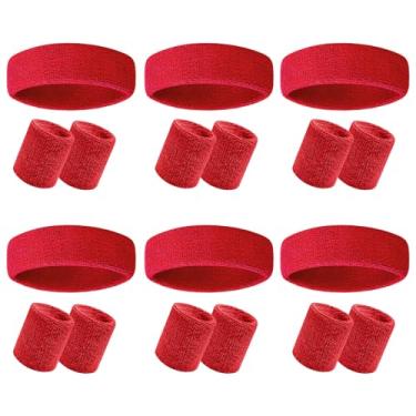 Imagem de O conjunto de 18 pulseiras vermelhas inclui 6 faixas esportivas absorventes, 12 pulseiras esportivas de algodão, elásticas, atléticas, academia, anos 80, para mulheres, homens, festa de ginástica