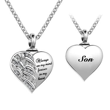 Imagem de LuxglitterLin Joias de cremação de asas de anjo da guarda para cinzas coração colar de urna de cristal para cinzas memorial colar de lembrança Always on Mind Forever in My Heart, Aço inoxidável,