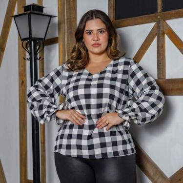 Imagem de Blusa Xadrez Feminina Manga Longa Com Punho Plus Size - Rosana Farcait