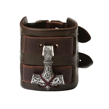 Imagem de Pulseira HAQUIL Viking para homens, pingente Viking Mjolnir, pulseira larga de couro marrom nórdico, joias Viking masculinas
