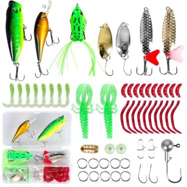 Imagem de Kit de 56 peças de iscas de pesca para iscas de água doce, kit de equipamentos para pesca de robalo, truta e salmão, caixa de equipamento, incluindo iscas de colher e minhocas de plástico macio
