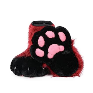 Imagem de BNLIDES Cosplay Animal Cat Wolf Dog Fox Fursuit Feet Paw Claw Shoes Furry Boots Costume Accessories for Adult (Red-Black)