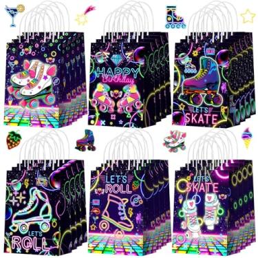 Imagem de Zhanmai 24 peças de sacos de presente de patins para patins vamos patinar lembrancinha de festa roxo Let's Roll Candy com alças para decoração de festa de aniversário neon brilho suprimentos