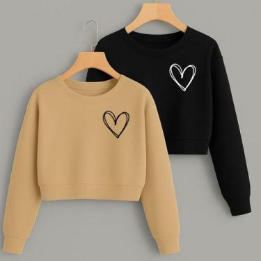 Imagem de Kit com 2 Cropped Moletom Estampa Corações Linhas Fofo Feminino Invern