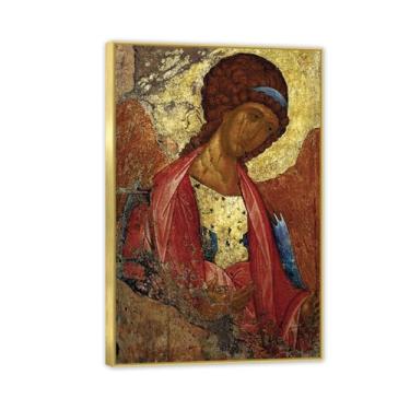 Imagem de Impressão artística em tela de São Miguel, o Arcanjo, pintura emoldurada esticada, pôster giclée, decoração de parede por Andrei Rublev 60 x 40 cm (24 x 16 pol), moldura dourada