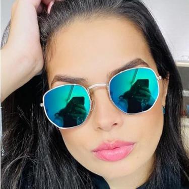 Imagem de Óculos de Sol Hexagonal Lente Preta com Proteção Uv400 Masculino Feminino (Camaleão Espelhado C/Prateado)