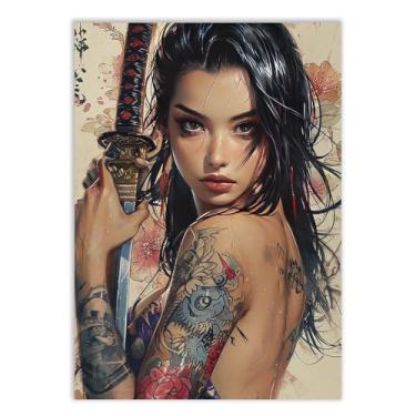 Imagem de Placa Decorativa Gueixa Sexy Espada Ilustração Tattoo Decoração Poster Quarto Sala