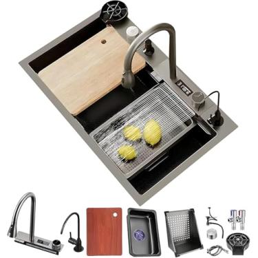 Imagem de Pia De Cascata De Aço Inoxidável Preto Grande Pia De Estação De Trabalho De Tigela Única Com Torneira Retrátil De 360°, Display Led, Tábua De Cortar, Sifão, Black#a01, 85x45cm