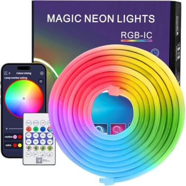 Imagem de Luzes de corda neon LED RGB+IC de 13,12 m, luzes de LED flexíveis sincronizadas com música alimentada por USB, controle remoto à prova d'água, luz de neons LED, quarto, jogos, festa, decoração interna