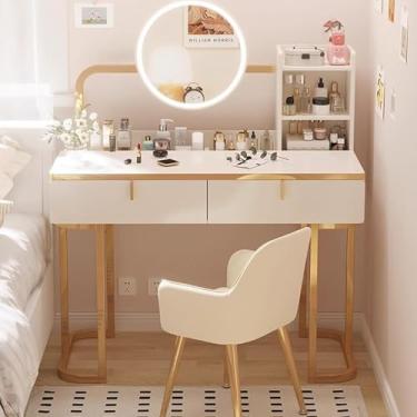 Imagem de Conjunto De Penteadeira Com Cadeira, Cômoda Moderna Com Gavetas, Painel Falso De Metal, Armário De Maquiagem Minimalista Para Quarto, White, 100 * 40 * 120cm