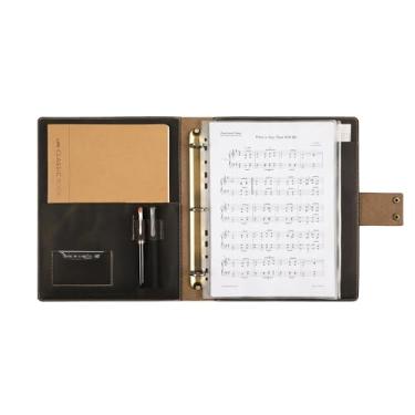 Imagem de Pasta de música de couro feita à mão, pasta de partitura personalizada, fichário de couro com 3 anéis para partituras de 21 x 28 cm com protetores de folha transparentes, cinza