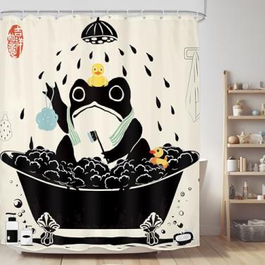 Imagem de LGhtyro Conjunto de cortina de chuveiro de sapo engraçado 152 cm L x 183 cm A estilo asiático arte japonesa tradicional animal fofo borracha pato acessórios de banho retrô preto bege arte decoração de