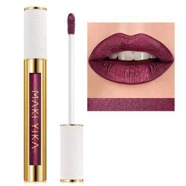 Imagem de MAKI YIKA Batom roxo escuro para mulheres, batons metálicos, glíter, longa duração, sem manchas, sem transferência, brilho labial líquido (BR16 Last Kiss)