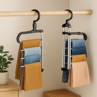 Imagem de Kit 2 Cabide Mágico Retrátil Inox 5 Divisórias Organizador de Calças e Roupas - Economiza Espaço no Guarda-Roupa - 5 em 1 Multifuncional Vertical
