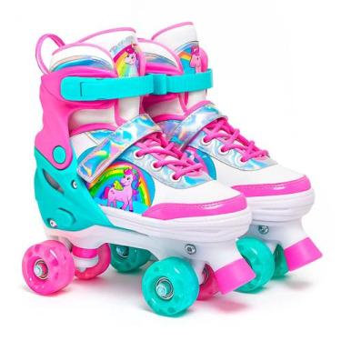 Imagem de Patins Ajustável Quad Roller Infantil Unicórnio Rosa Com Luz Led Menin