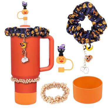 Imagem de Conjunto de acessórios para copo Stanley de Halloween: Inclui tampas de palha de Halloween de 1,134 g e 850 g, protetores de bota laranja, berloque de pumkin e todos os itens essenciais do copo