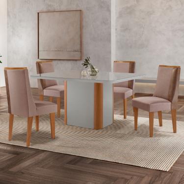 Imagem de Mesa de Jantar Isadora 120cm Tampo MDF Vidro com 4 Cadeiras Diane - Linho Capuccino/Tork/Nat/Off/Serig.Off