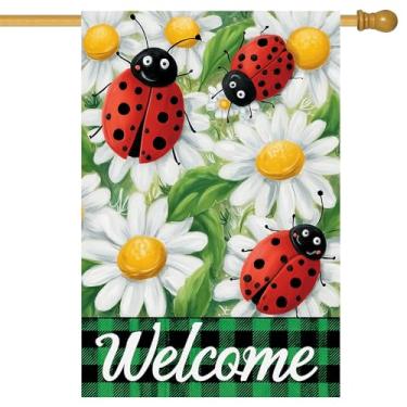 Imagem de BlissYard Ladybug Daisy House bandeira 71 x 101 cm bandeira dupla face primavera verão jardim com desenho animado e flor branca design bem-vindo para decoração de varanda ao ar livre