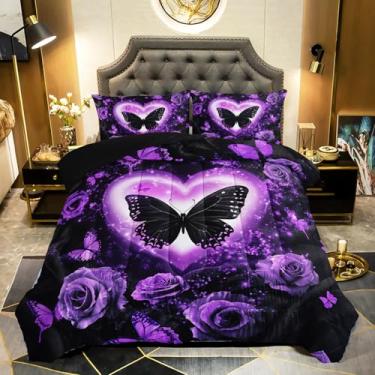 Imagem de QOOMO Conjunto de edredom casal de borboleta roxa com 3 peças, rosa roxa para adolescentes, meninos e meninas, estampa de borboletas, com 2 fronhas, macio e leve