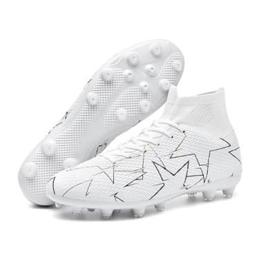 Imagem de changshen Chuteiras de futebol masculinas leves e firmes, tênis de futebol branco/preto/azul com pontas de futebol para pista/treinamento/tênis esportivo, Branco, 35