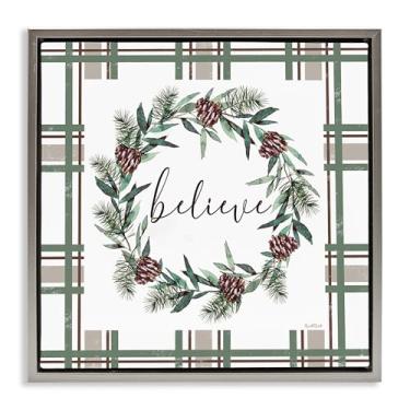 Imagem de Stupell Industries Believe Wreath on Green Plaid Gray Framed Floater Canvas Wall Art Design por Elizabeth Tyndall, 63 x 63 cm