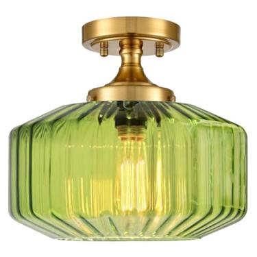 Imagem de Qepeety Luz de teto verde semi embutida meados do século moderno perto do teto luminária de banheiro luz superior lustre dourado para corredor lavanderia armário