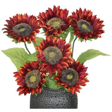 Imagem de Olrla Girassóis artificiais de haste longa, 6 peças, girassol falso de seda vermelha para arranjo de flores, buquê de casamento, centros de mesa, decoração de escritório em casa (sem vaso)