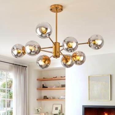 Imagem de DDLLDESHI Lustre dourado de 8 cabeças para sala de jantar, cúpula de globo de vidro prateado luzes de cozinha lustres modernos (luminárias suspensas com pingente Sputnik)