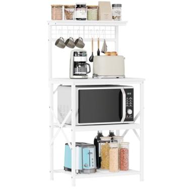 Imagem de Furologee Rack para padeiros de cozinha, suporte de micro-ondas com armazenamento de 4 camadas, estação de cafeteria com 6 ganchos S e placa de fixação, prateleiras de cozinha para temperos, panelas