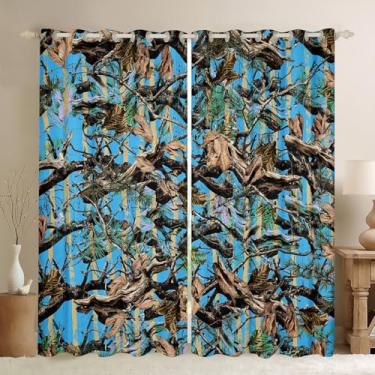 Imagem de Cortinas blackout de folhas de caça selvagem para quarto e sala de estar (2 painéis, 132 x 213 cm) árvore botânica 30%-50% escurecimento cortina blackout decoração natureza janela tratamentos azul