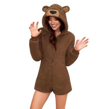 Imagem de Clarisbelle Pijama feminino de Halloween com capuz de lã de lã de ovelha, Urso marrom, G