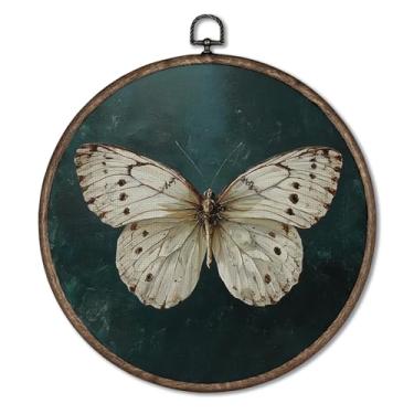 Imagem de Giosve Pôster emoldurado em tela vintage Moody Butterfly Green Round Wall Art, Dark Gothic Neutral Butterfly Moth Insect Hanging Wall Sculptures for Home Bedroom Living Room, 25 x 25 cm