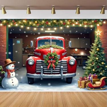Imagem de CapiSco Fundo de Natal de caminhão vermelho, 2,8 x 1,8 m, vintage, boneco de neve, árvore de Natal, Natal, Natal, Natal, Natal, Natal, Natal, festa, banner, banner