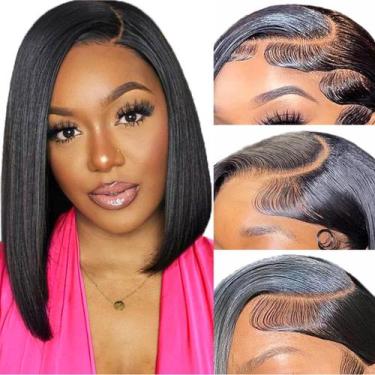 Imagem de Peruca Baseze Bob Human Hair 13x4, renda frontal, 30 cm, preta, femini