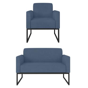 Imagem de Kit Namoradeira e 1 Poltrona Decorativa Base Industrial Preta Maressa S04 Suede Azul Marinho - Ibiza