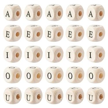 Imagem de Spritewelry 250 peças 12 mm contas de letra inicial de madeira cubo contas de madeira natural contas quadradas de madeira A E I O U contas soltas artesanato letras espaçadoras contas para pulseira