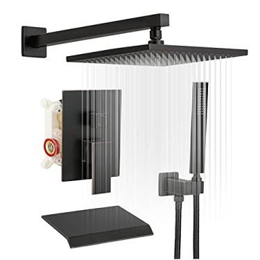 Imagem de BWE Torneira de chuveiro de bronze polido com óleo de 30,5 cm completa com conjunto de bico quadrado, luxuoso, misturador de pressão, equilíbrio de pressão, montagem de parede com 3 funções, chuva, válvula áspera, corpo e acabamento