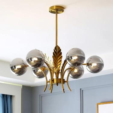 Imagem de Lustre Sputnik de vidro soprado com 6 luzes esfumaçadas, dourado, moderno, de meados do século, com vidro leitoso, decoração com folhas, vintage, rosa, luminária pendente de teto para mesa d