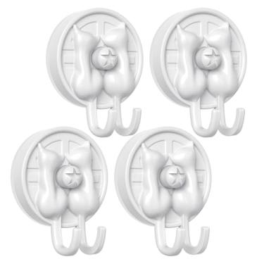 Imagem de AST Lindo gancho de ventosa de gato duplo, pacote com 4, ganchos resistentes, força confiável atualizada de adesão e vácuo, suportes de parede para bucha, toalha, casaco e roupão de banho, cabide