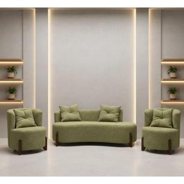 Imagem de Conjunto 2 Poltronas + Sofá Curvo Orgânico Luna Boucle Verde Oliva Pés