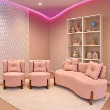 Imagem de Conjunto 2 Poltronas + Sofá Curvo Orgânico Luna Boucle Rosa Pés de Mad